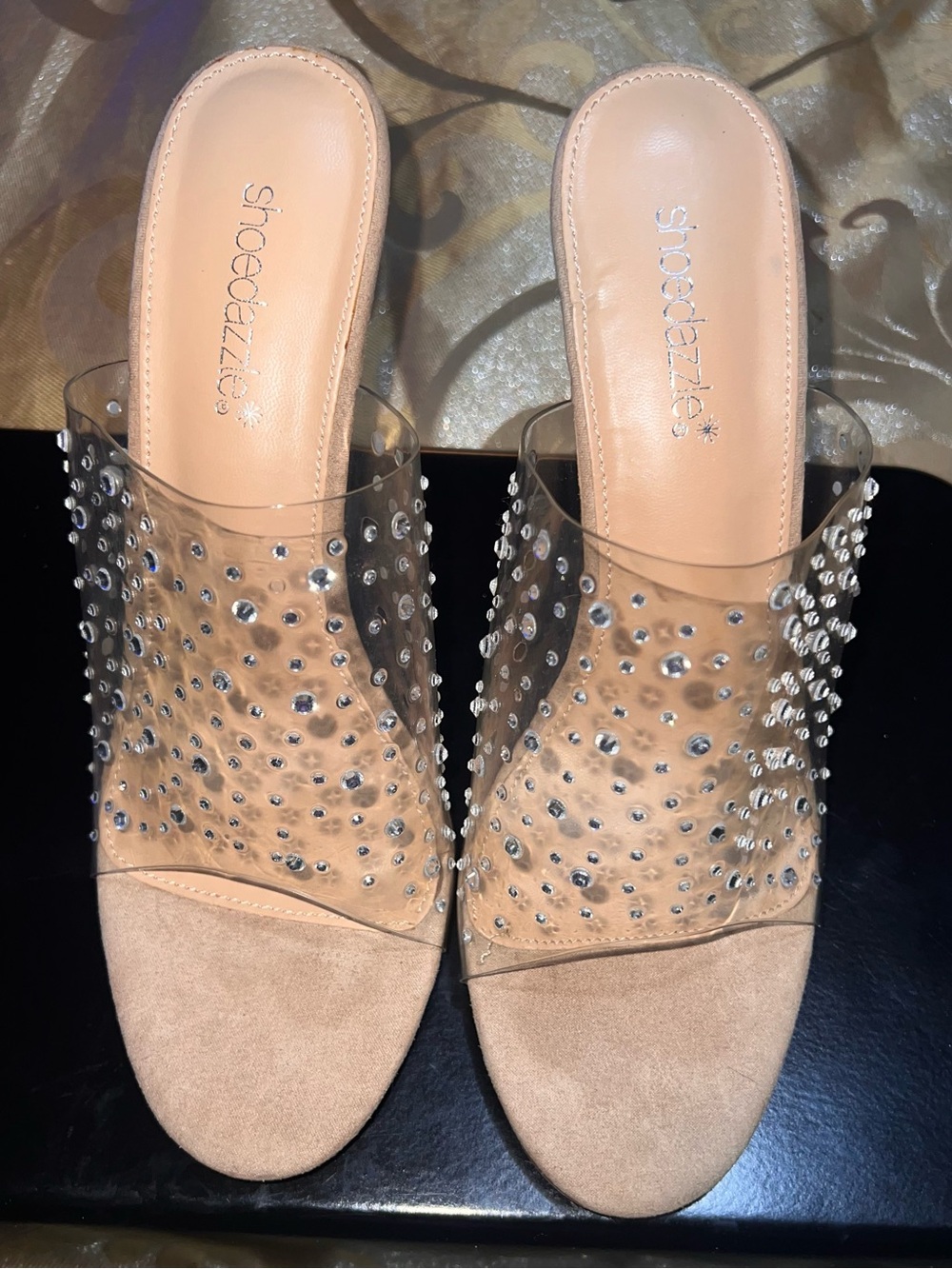 Shoe Dazzle Nude Clear Rhinestone Mule Slip On Sandals Heels Size 10